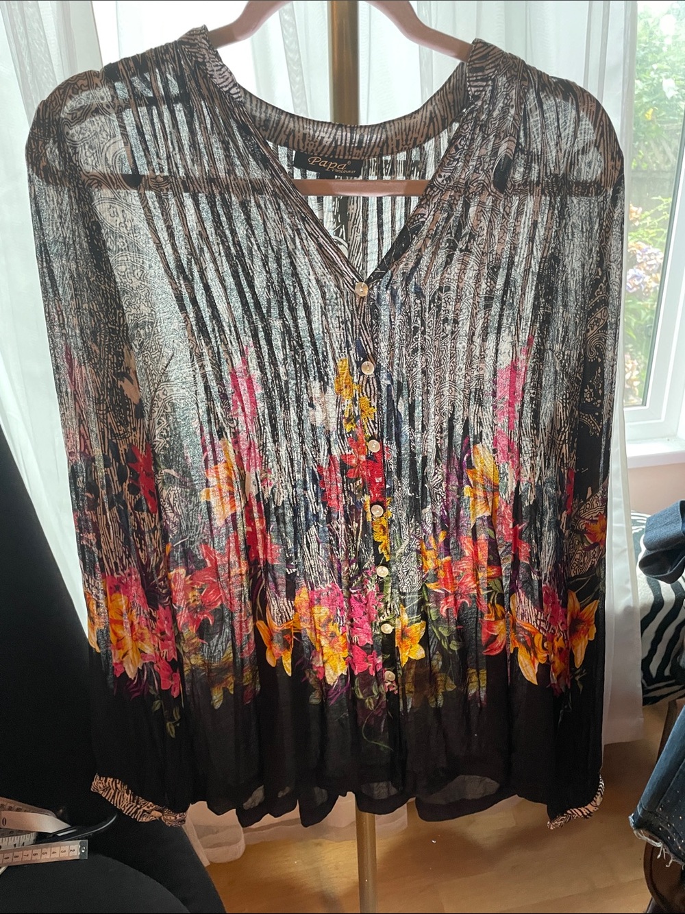 Papaya Floral Black Button-Front Pleated Blouse